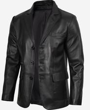 Men's Black Three Button Leather Blazer