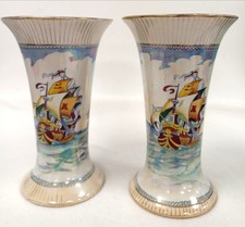 Rare Rialto Ware Lustre Vases Pair Hand Painted Ship Design 1920s 8" Tall 