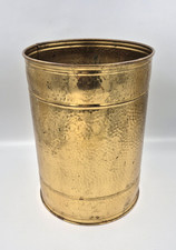 Vintage Hammered Brass Coal Log Bucket / Tall Round Cylinder Planter