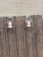 Antique Victorian Brass Celluloid Cameo Screw Back Earrings .8"