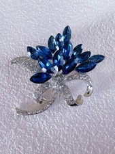 Elegant Blue Crystal Flower Brooch Pin Silver Leaf Bow Rhinestone Jewelry Gift