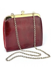 Vintage Lizard Skin Handbag Red/Wine with Gold Chain & Suede Lining - 1930s. VGC