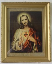 Framed print Sacred Heart of Jesus in gold frame. Overall size 42.5cm x 52.5cm