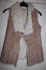 F&F Beige Faux Suede Furry Lined Sleeveless Gilet/Bodywarmer Jacket, Size 6/XS