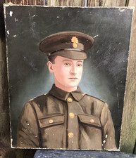 Antique WW1 young Army soldier portrait oil painting canvas signed 1914-1919