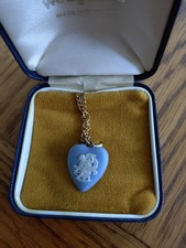 Wedgwood Heart Drop on Chain, blue jasperware with putti, gold plated 18" chain.