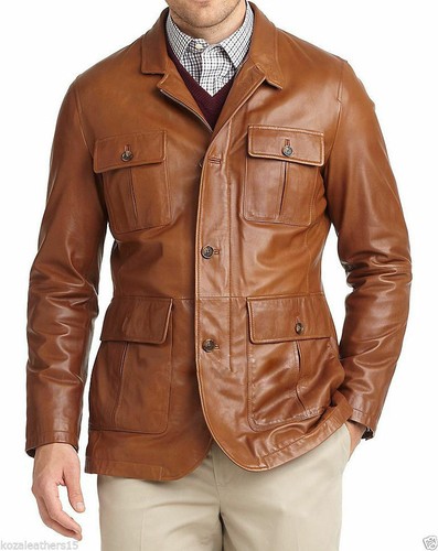 Men tan leather blazer - tan,