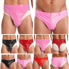 Mens Wet Look Patent Leather Underwear Low Waist Zipper Crotch Briefs Underpants