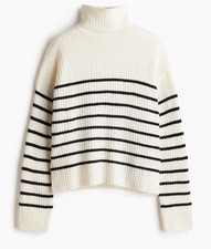 NWOT: H&M Natural White & Black Striped Oversized Polo-Neck Jumper (Size S)