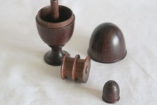 Rare Halcyon Days Wooden Egg Cotton Reel Spool & Thimble holder