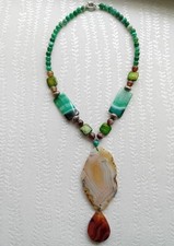 Chunky Green/Brown Beaded Stone Agate Slice Pendant Necklace - Statement Piece