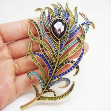 Vintage Style Peacock Feather Gold-tone Multicolor Rhinestone Crystal Brooch Pin