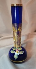Vintage Venetian Murano Blue Glass Vase With Enamel Decoration 22ct Gold Gilding