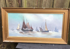Antique Edwardian fishing boats oil painting on canvas framed signed O.Ashley
