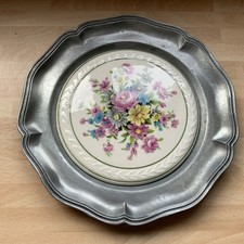 A PEWTER & CHINA Floral PLATE