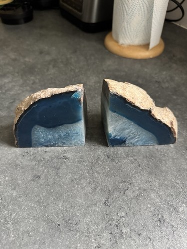 Blue agate geode bookends pair - agate,