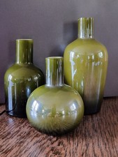 Set Of 3 hand blown  Green Cased Glass Bottle Vases