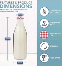 Milk Bottles Glass Retro Red Lid Airtight 1Litre 2 Pack Liquid Flowers Decor