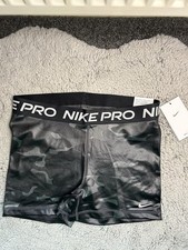 black & grey metallic camo print logo waistband nike pro active 3” booty shorts