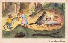 Vintage Dutch Illustrated Postcard Doctor Mouse Forest  Hush the Doctor is in 