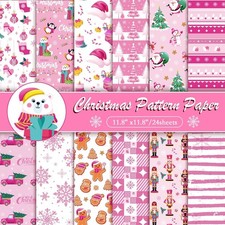 Konsait 24 Sheets Christmas Scrapbook Paper 12x12 Pink Christmas Pattern Paper 