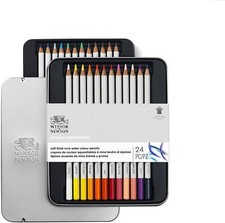 Winsor & Newton 24 Watercolour Pencils Studio Collection Soft Thick Core Art 