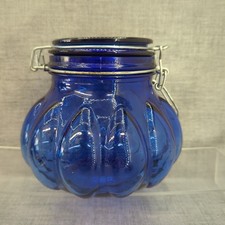 Cobalt Blue Bubble Glass Pumpkin Apothecary Storage Jar Hinged Lid