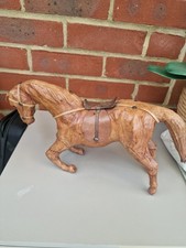Vintage Hand Carved Wooden Leather Wrapped Horse With Saddle .