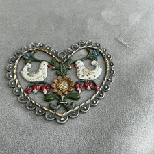 Vintage German Kuhn Zinn Pewter Christmas Ornament White 2 Turtle Doves Heart