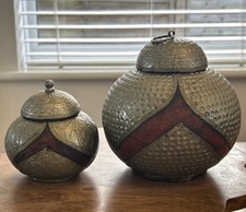 2 Monsoon Home Indian Decorative Containers / Pots With Lids in Wood and Metal