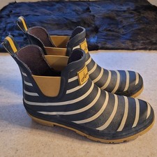 JOULES Womens Wellibob Short Rain Boots 7 Navy Yellow Stripe Waterproof Ankle