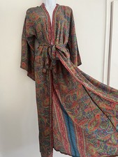 Kimono Long Robe Silk Blend Vintage Boho Folk Gown Maxi Indian Blue Pink Green