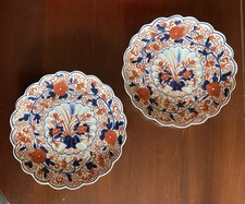 Pair Japanese Meiji Porcelain Scalloped Imari Handpainted Plates 22cm Wide c1900
