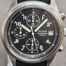 Men's Pulsar Chronograph Wristwatch - Stainless Steel - Black Dial - Working 