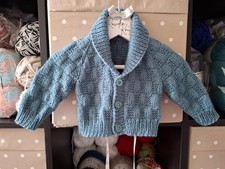 Hand-knitted Baby Boys Blue Shawl Neck Cardigan Aged 0-3 Months