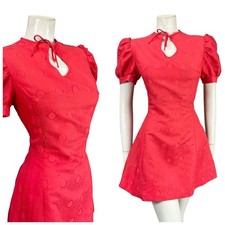 VTG 60S MOD GOGO PSYCHEDELIC WAVY DAMASK PUFF SLEEVE KEYHOLE MINI DRESS 12