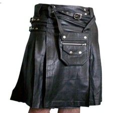 Men Real Leather Kilt Scottish Pleated With Twin Cargo Pocket Black LGBTQ