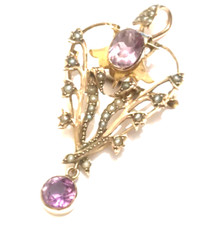 Antique 9ct Gold Amethyst Lavalier Pendant Brooch Seed Pearl Detachable Bail
