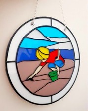 Stained glass Boy on the beach wall hanging 8 inch circle  Handcrafted item