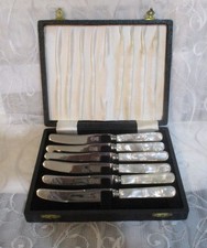 6 Vintage William Page Sheffield Stainless Tea  Butter Knives Faux MOP Handles