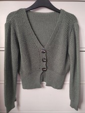 Made In Italy Women's  Olive Green Short Knitted V-Neck Cardigan