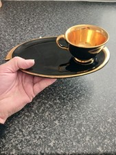 Vintage Espresso Cup And Serving Plate. Black Ceramic With Gold Trim. 9 Inches.