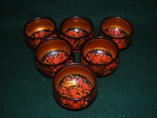 VINTAGE RUSSIAN LACQUER KHOKHLOMA TABLEWARE HAND PAINTED USSR OPEN POTS SET X 6