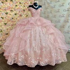 Light Pink Quinceanera Dresses Flowers Ball Gown Birthday Off-shoulder Sweet 16