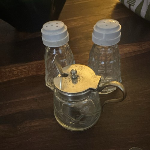 Glass mustard pot with silver - glass,