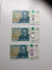 THREE AA01 £5 circulated polymer notes nos: 203870 / 208401 / 208595