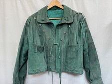 C&A Vintage 80s Green Leather Suede Cropped Fringed Western Jacket UK 10 CG H08