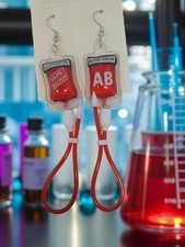 Blood Bag Transfusion Earrings Halloween AB Blood Groups Unique Design UK