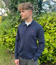 Ex Crew Cardigan Men's Navy Cotton Blend Collared Long Sleeve Button-Front