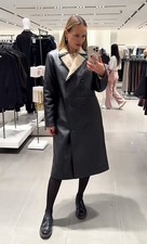 ZARA BLACK ZW COLLECTION DOUBLE-FACED FAUX SHEARLING  LEATHER-EFFECT COAT SIZE S